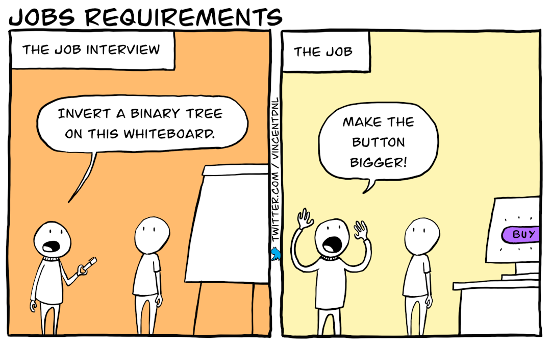 drawing - title: Jobs requirements - text: Jobs interviews - Invert a binary tree on this whiteboard. | The job - Make the button bigger!