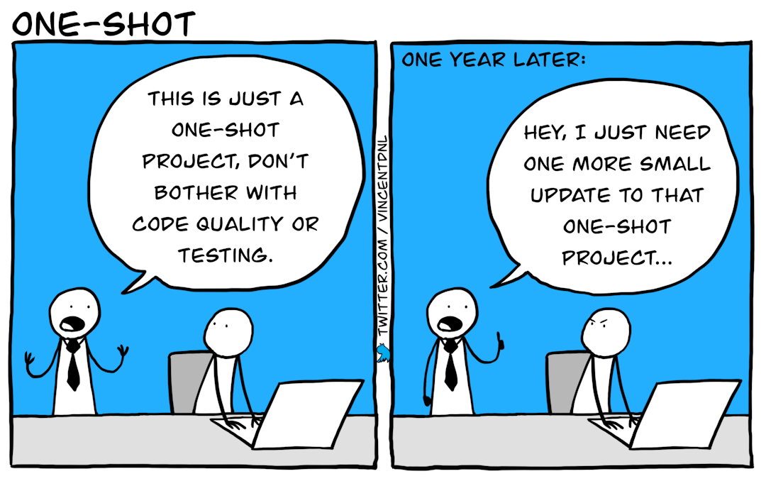 drawing - title: one-shot - text: box1: project manager (to a developer): This is just a one-shot project, don't bother with code quality or testing | box2: 'One year later' project manager (to a developer, visibly pissed off): Hey, I just need one more small update to that one-shot project...