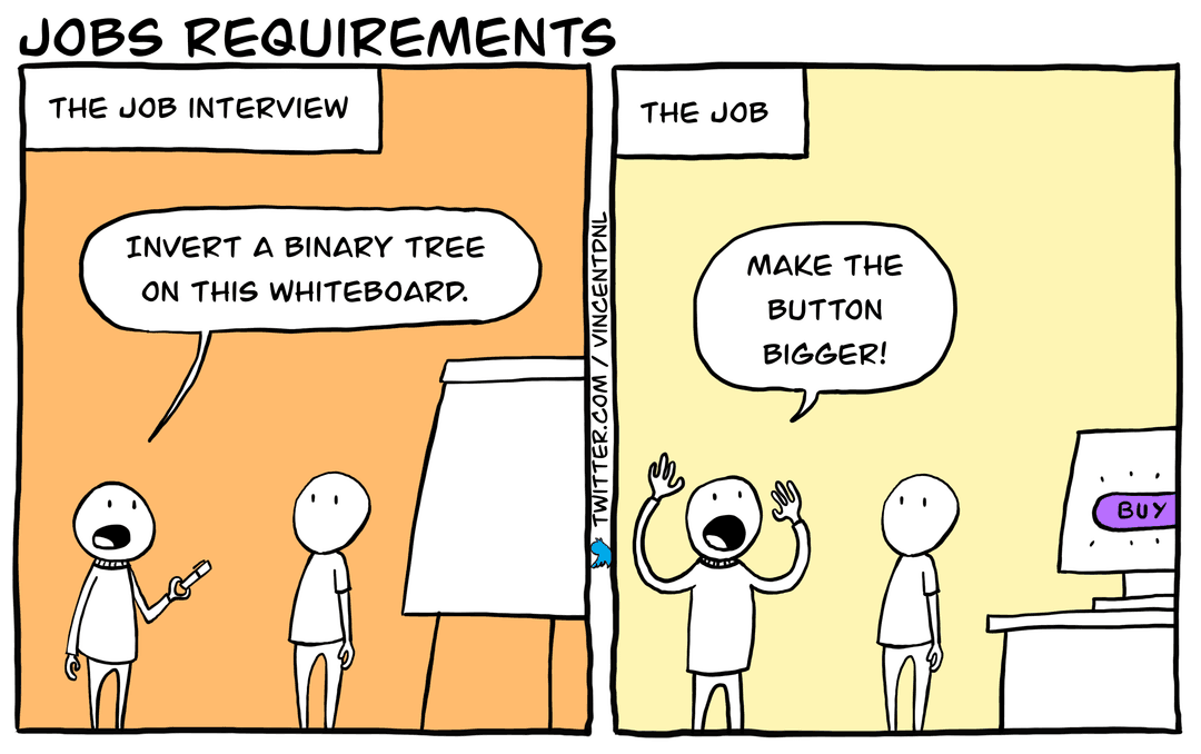 drawing - title: Jobs requirements - text: Jobs interviews - Invert a binary tree on this whiteboard. | The job - Make the button bigger!