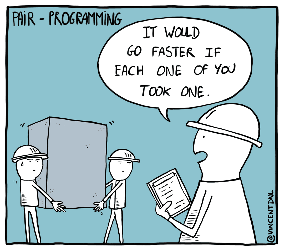 drawing - text: Pair Programming - It would go faster if each one of you took one.