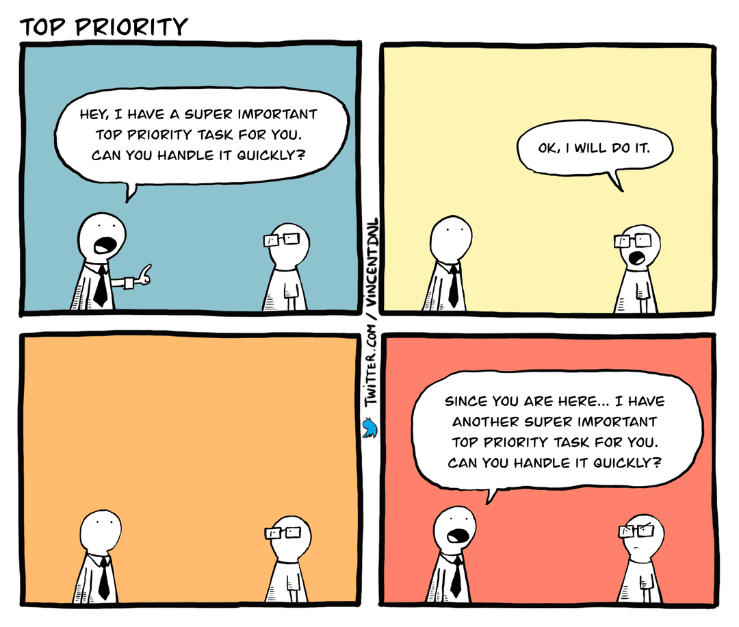 drawing - text: Top Priority - Hey, I have a super important top priority task for you. Can you handle it quickly? - Ok, I will do it. - Since you are here... I have another super important top priority task for you. Can you handle it quickly?