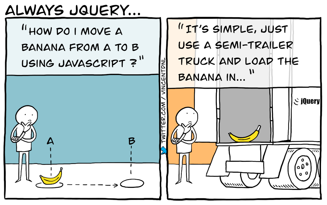 drawing - text: How do I move a banana from A to B using Javascript? - It's simple, just use a semi-trailer truck and load the banana in...