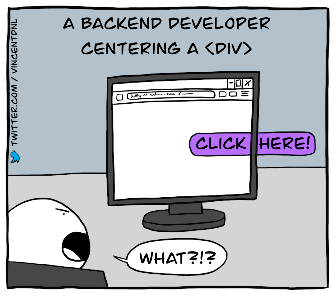 drawing - text: a backend developer centering a div - click here - what?!?