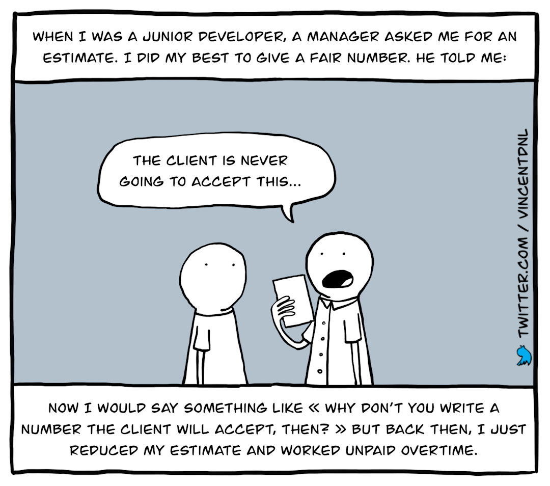 drawing - text: When I was a junior developer, a manager asked me for an estimate. I did my best to give a fair number. He told me: | The client is never going to accept this... | Now I would say something like 'why don't you write a number the client will accept, then?' but back then, I just reduced my estimate and worked unpaid overtime.