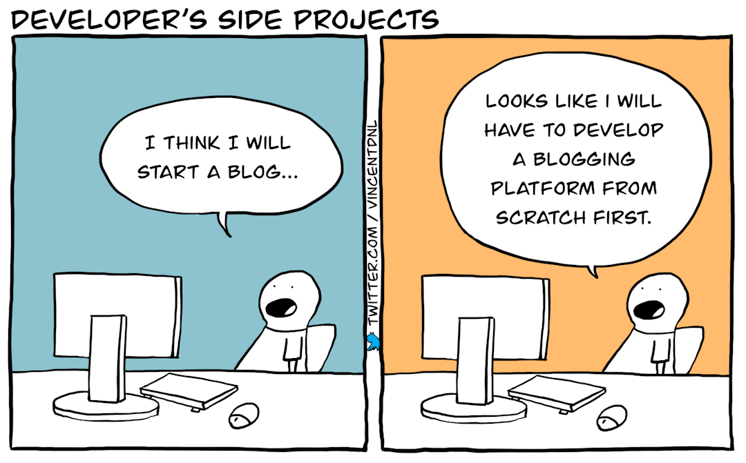 drawing - text: Developer's Side Projects - I think I will start a blog... - Looks like I will have to develop a blogging platform from scratch first.