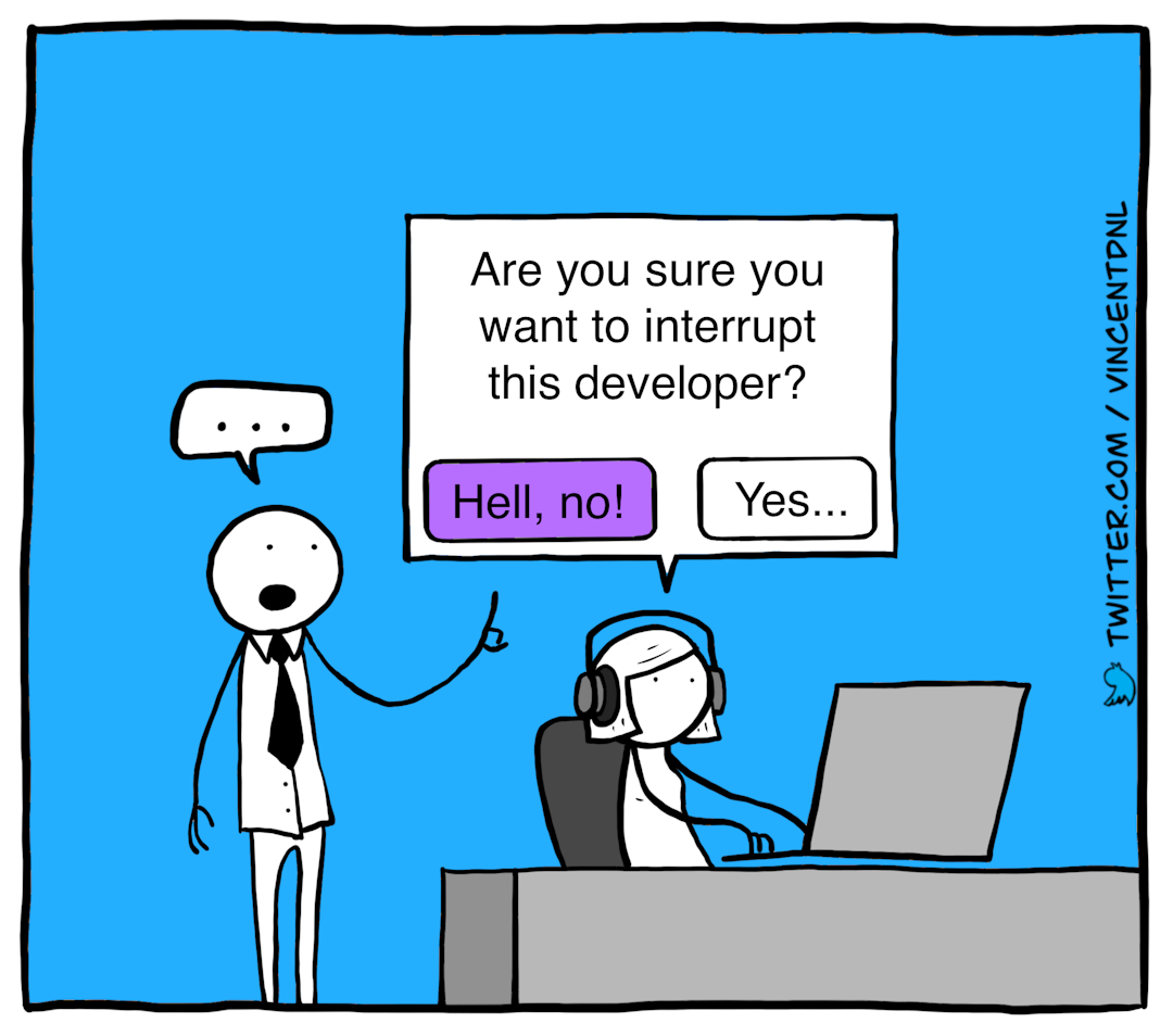 drawing - text: Manager wants to interrupt the developer. There is a popup above her head saying: 'Are you sure you want to interrupt this developer?' and two buttons: 'Hell, no!' and 'Yes...'