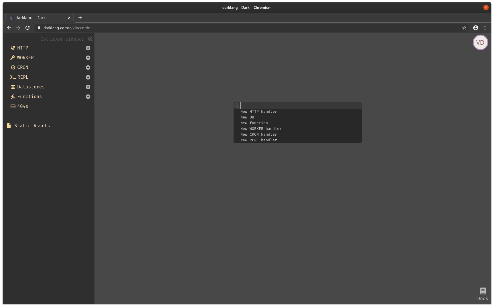 Darklang menu plus modal