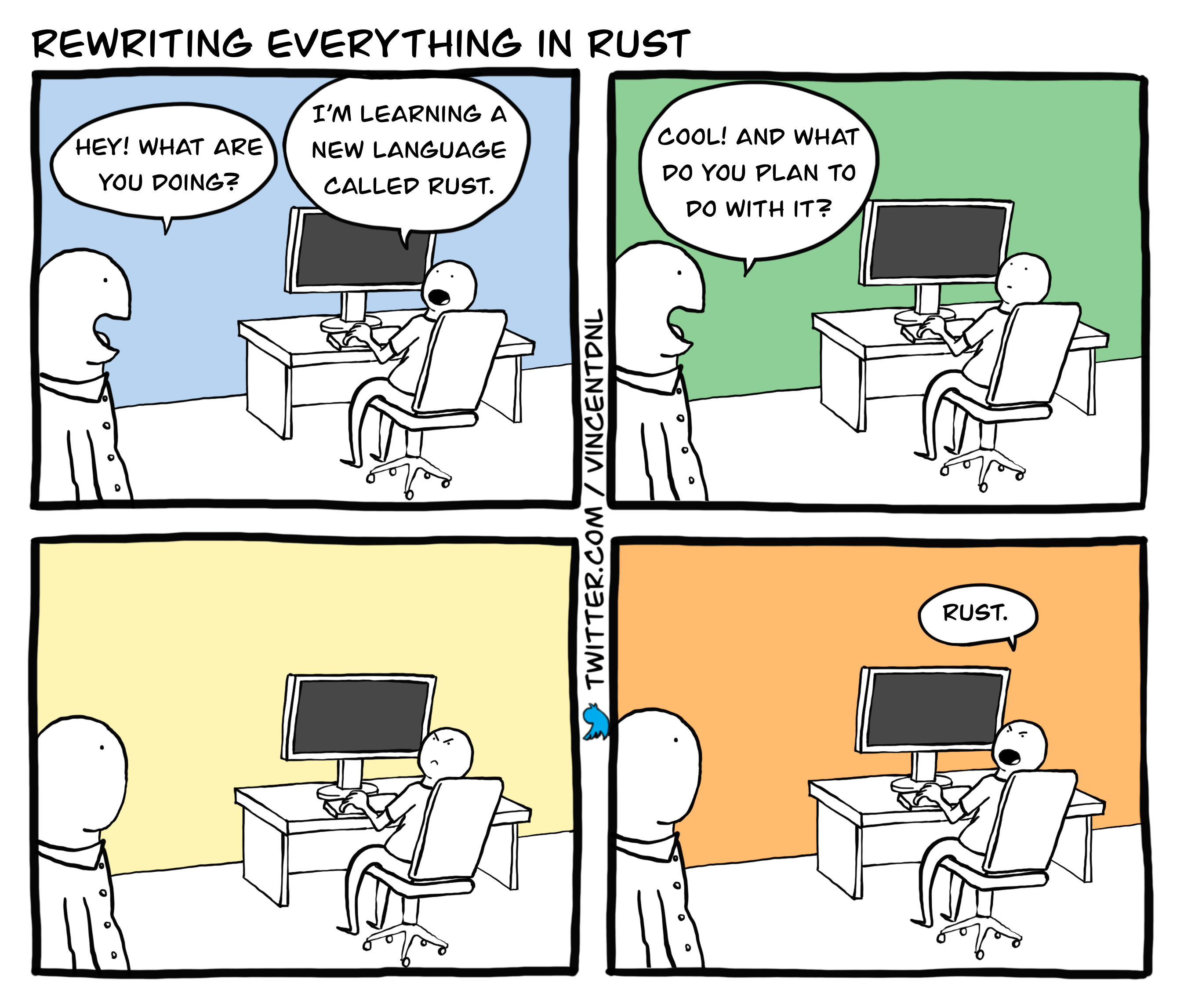drawing - text: Hey! What are you doing? - I'm learning a new language called rust. - Cool! And what do you plan to do with it? - Rust.