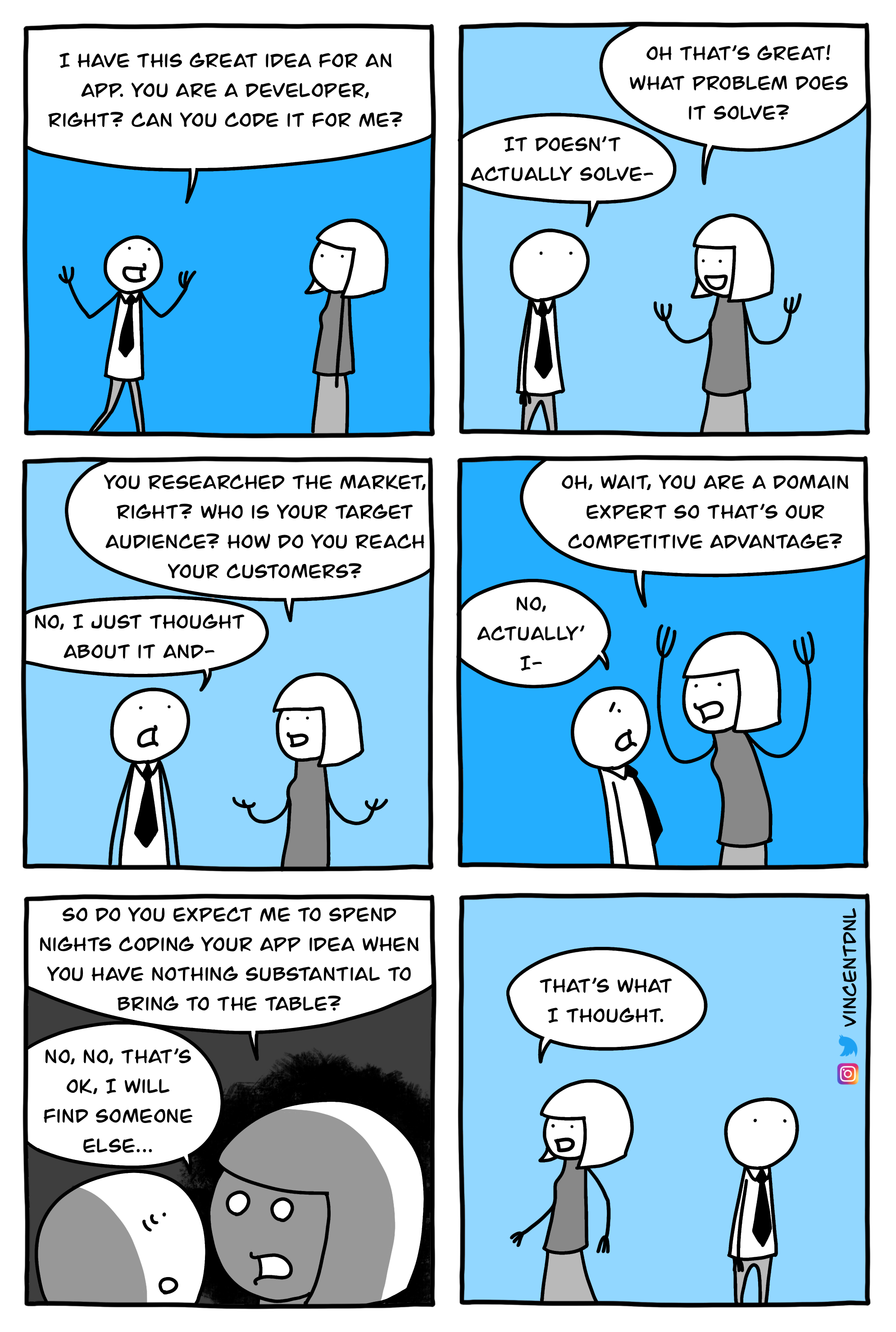 drawing about people forcing app ideas onto others