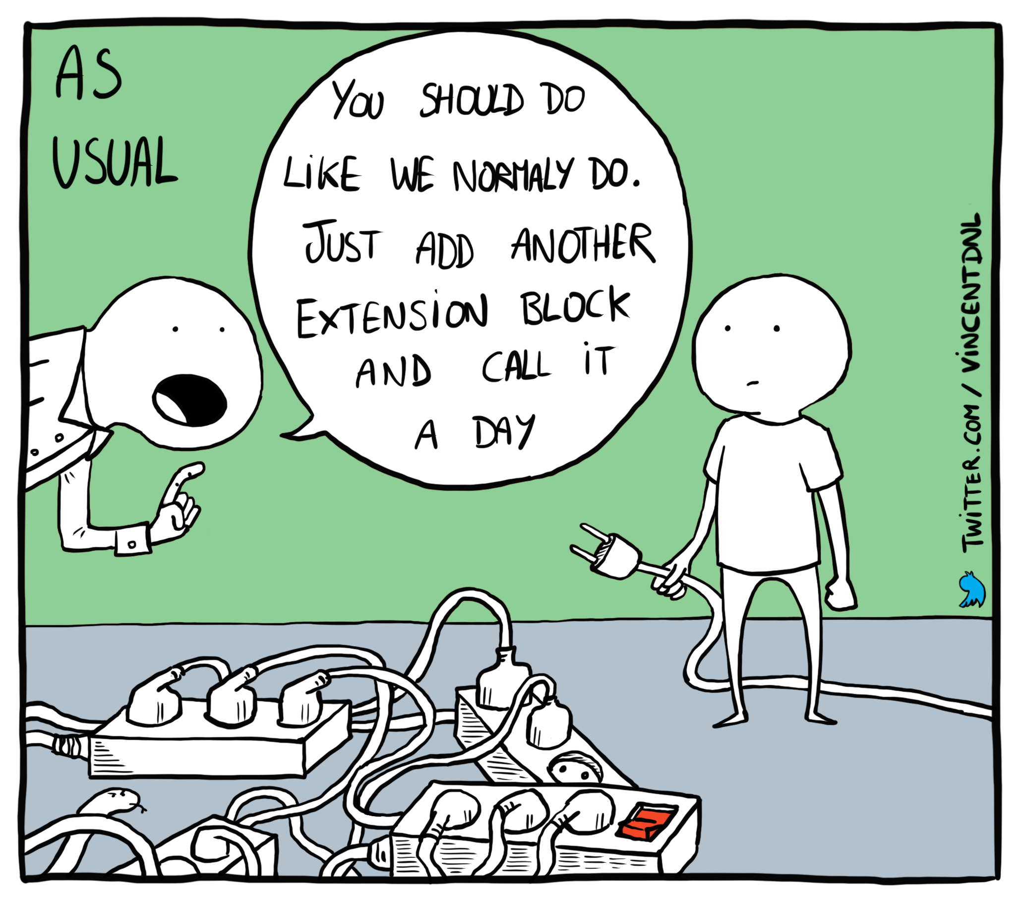 drawing - text: As Usual - You should do like we normally do. Just add another extension block and call it a day.