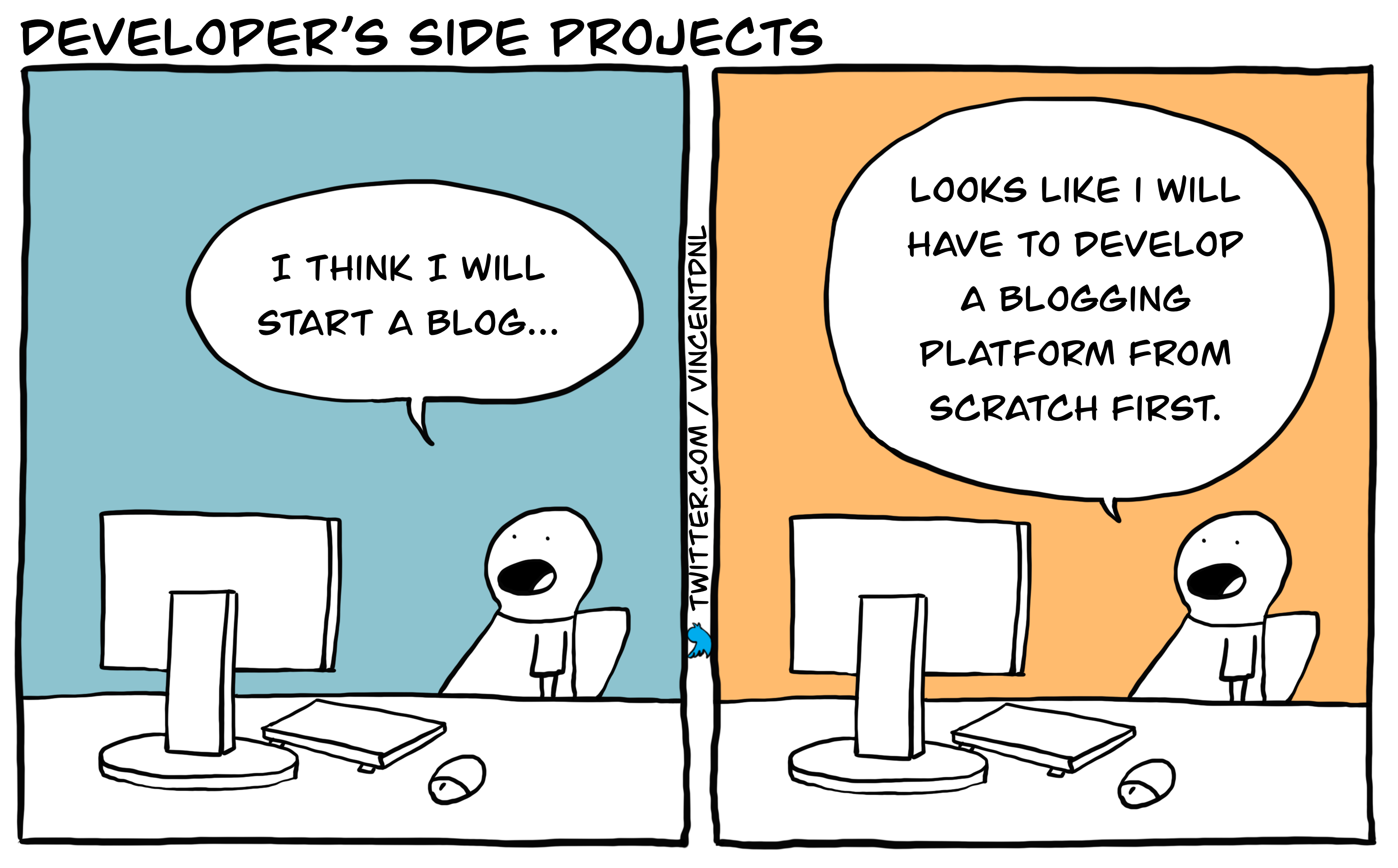 drawing - text: Developer's Side Projects - I think I will start a blog... - Looks like I will have to develop a blogging platform from scratch first.