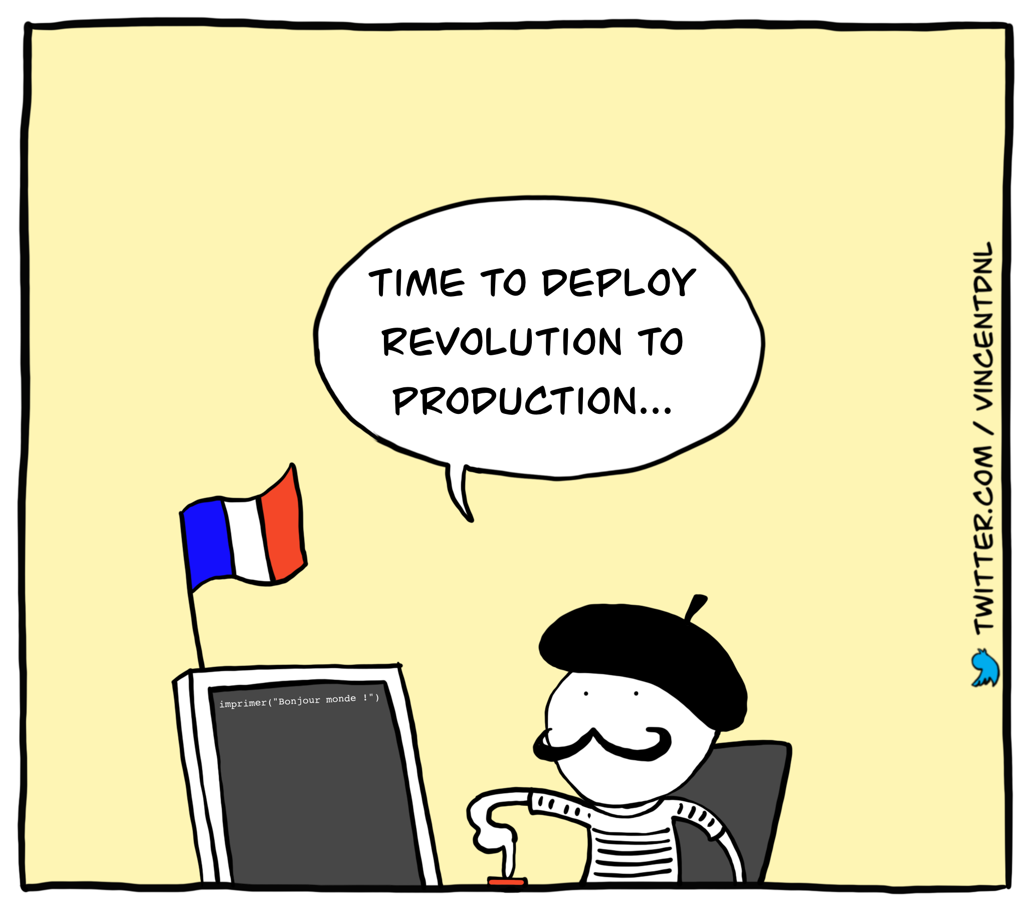 drawing - text: Time to deploy revolution to production...