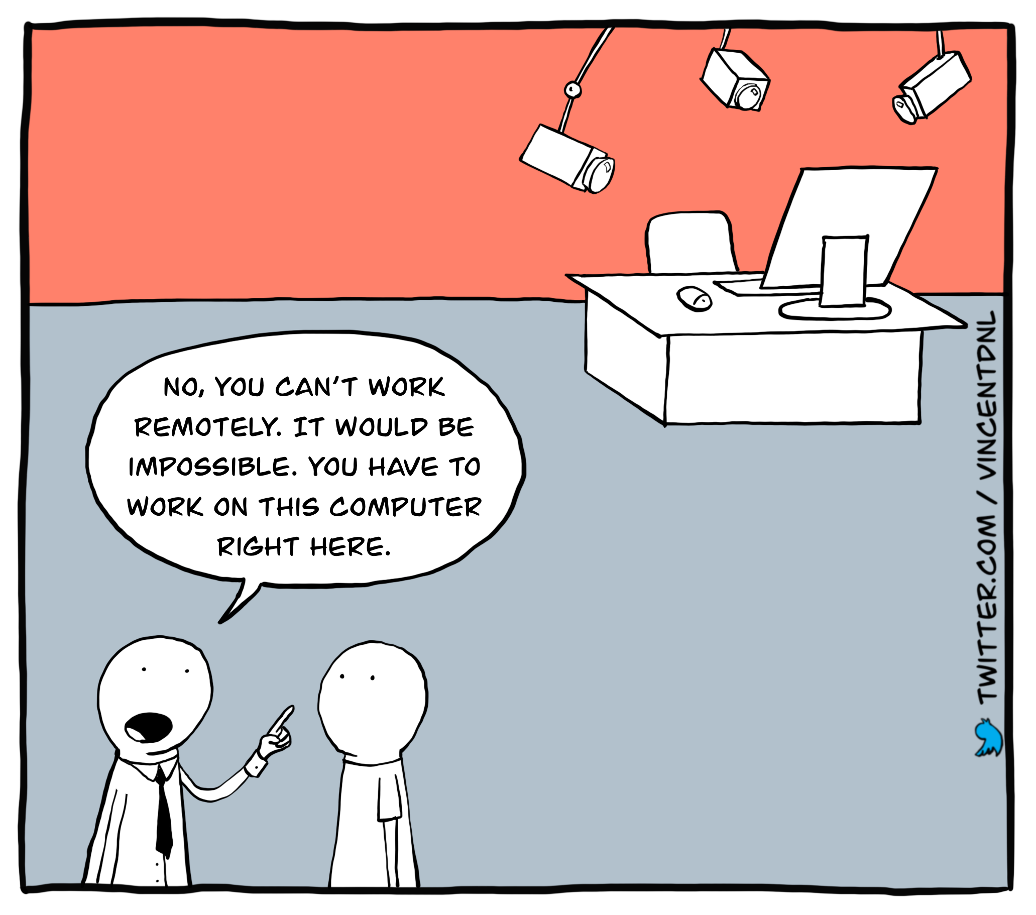 drawing - text: No, you can't work remotely. It would be impossible. You have to work on this computer right here.